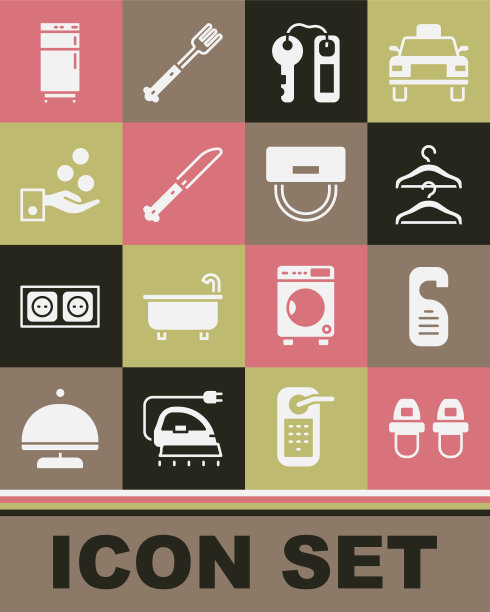 酒店拖鞋，请勿打扰，衣架，门锁钥匙，刀，小费，冰箱和行李员帽子图标。向量图片下载