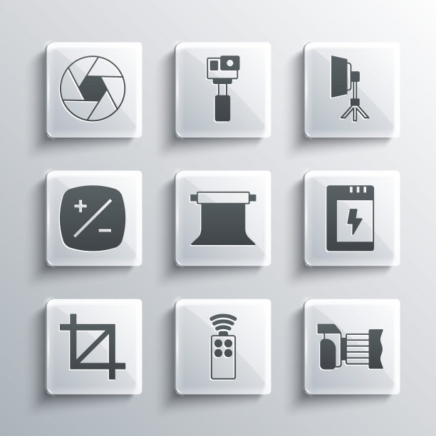 设置远程控制相机，照片，电池，空的照相馆，图片裁剪，曝光补偿，相机快门和软箱灯图标。向量图片下载
