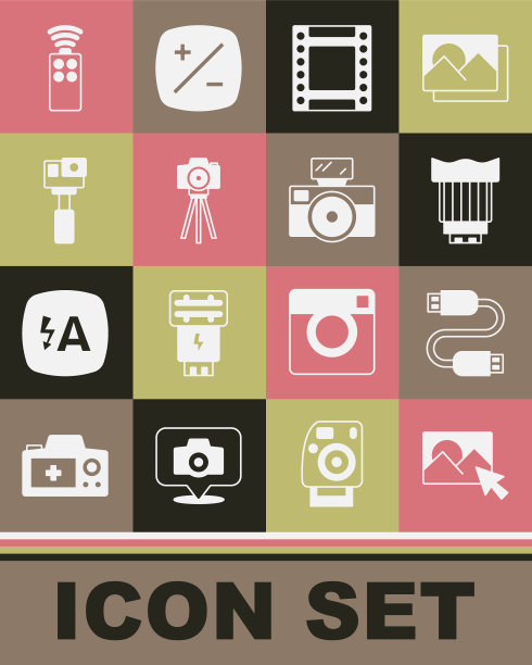 设置照片修饰，USB电缆，相机照片镜头，卷墨盒，相机，动作，遥控器和闪光灯图标。向量图片下载