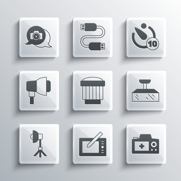 设置平板电脑，相机，软箱灯，相机照片镜头，计时器图标。向量图片下载