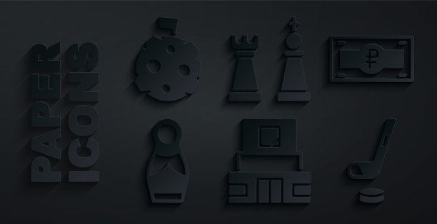 集列宁陵墓，俄罗斯卢布钞票，娃娃套娃，冰球棒和冰球，国际象棋和月亮与国旗图标。向量图片下载