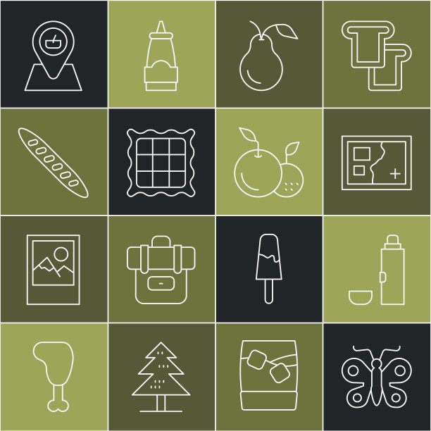 集线蝴蝶，保温瓶容器，折叠地图，梨，方格餐巾，法国法棍面包，野餐地点和水果图标。向量图片下载