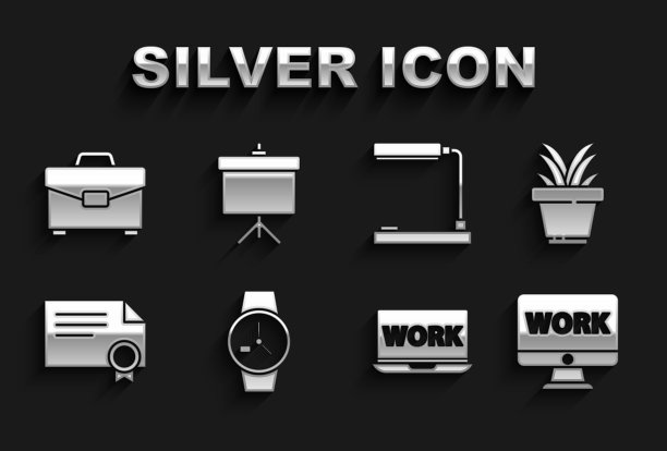 集手表，植物在锅，监视器与文本工作，笔记本电脑，证书模板，台灯，公文包和黑板图表图标。向量图片下载