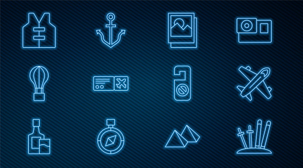 设置线滑雪和杆，飞机，照片，机票，热气球，救生衣，请勿打扰和锚图标。向量图片下载