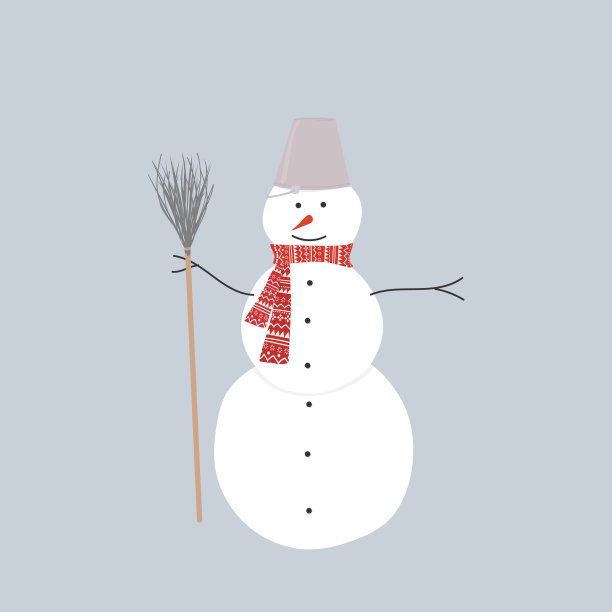 冬天的照片。一个雪人头上顶着扫帚和水桶图片下载