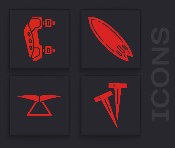 设置帐篷，护膝，冲浪板和悬挂滑翔机图标的挂钩。向量图片下载