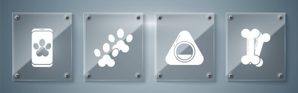 集狗骨，宠物床，爪印和在线兽医诊所标志。方形玻璃板。向量图片下载