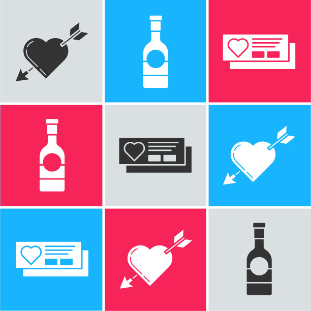 集爱的象征与心脏和箭头，香槟瓶和票与心脏图标。向量图片下载