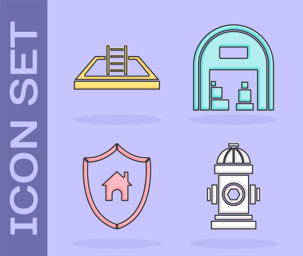 设置消防栓，带梯子的游泳池，带盾牌的房子和仓库图标。向量图片下载