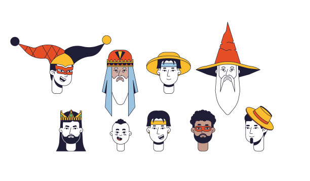 不同的男人面平线颜色矢量字符头包图片下载