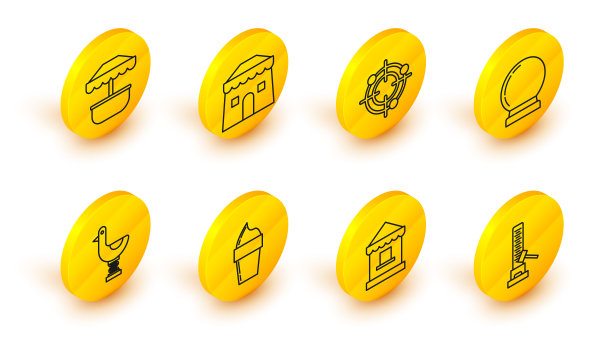 高前锋景点与大锤，冰淇淋在华夫蛋筒，骑孩子鸭，魔术球，目标运动射击比赛，马戏团帐篷和景点旋转木马图标。向量图片下载