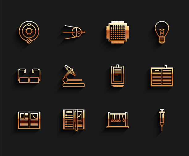 打开书，笔记本，太阳系，钟摆，注射器，显微镜，科学和剪贴板与文件图标。向量图片下载