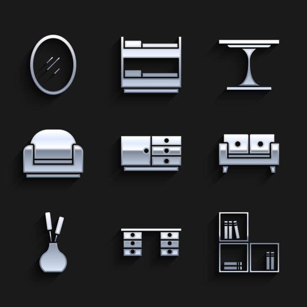 设置抽屉柜，办公桌，书架与书籍，沙发，花瓶，扶手椅，圆桌和镜子图标。向量图片下载