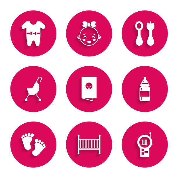 集婴儿淋浴邀请卡，海报，婴儿床摇篮床，监视器对讲机，瓶子，脚印，婴儿车，餐具与叉子和勺子和衣服图标。向量图片下载