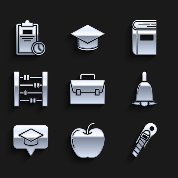 集公文包，苹果，文具刀，铃声，毕业帽演讲泡沫，算盘，书和考试表与时钟图标。向量图片下载