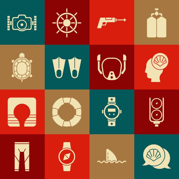 集扇贝海壳，测量尺度，钓鱼鱼叉，橡胶鳍，海龟，照片相机和潜水面具图标。向量图片下载