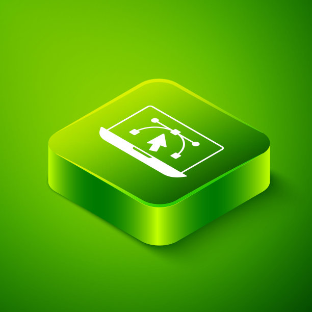 等距计算机显示与矢量设计程序图标隔离隔离在绿色背景上。照片编辑软件与用户界面。绿色方形按钮。向量图片下载