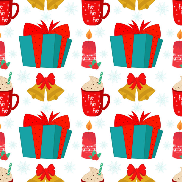 矢量插图的无缝圣诞背景与聚会和庆祝活动的元素，如礼物，铃铛，蜡烛和咖啡杯。股票插图。新年的图案。图片下载