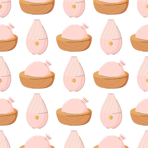 不同设计的电动芳香扩散器。无缝模式。健康的生活方式，自我照顾。放松时间，芳香疗法。现代手绘风格。图片下载