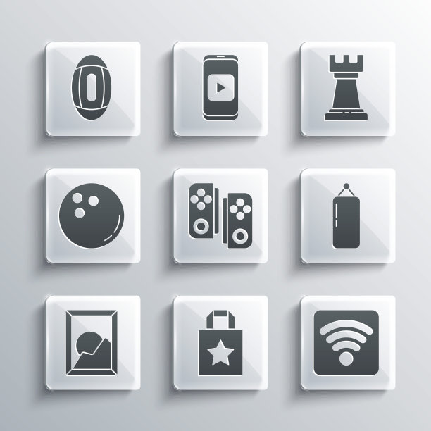 集纸质购物袋，Wi-Fi无线上网，打孔，手柄，图片景观，保龄球，美式足球和商业战略图标。向量图片下载