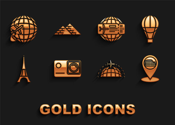 集动作极限相机，热气球，地图指针与罗马竞技场，意大利，全球飞行的飞机，埃菲尔铁塔，机票，和埃及金字塔图标。向量图片下载