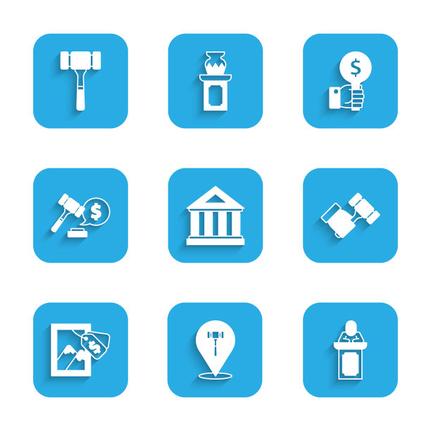 集博物馆建筑，拍卖锤，拍卖师出售，绘画，价格，手持桨和图标。向量图片下载