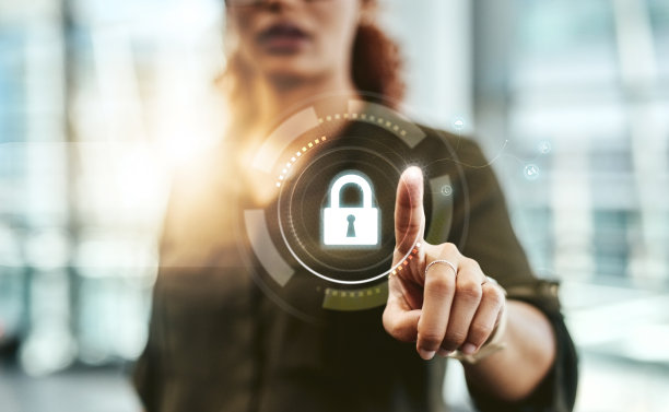 手点，锁全息图和网络安全与安全，大头针和应用程序与生物识别在网上。数据保护，按和密码，以防止诈骗，网络钓鱼和恶意软件与女性指纹在办公室图片下载