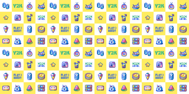 无缝复古8位像素艺术模式。暑假，冰淇淋和西瓜-千年虫启发矢量设计的孩子壁纸，可爱的包装印刷和有趣的图案。图片下载