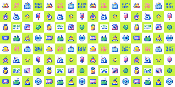 复古Y2K像素艺术无缝图案。猫，青蛙，CD播放器，和冰淇淋- 8位矢量设计的孩子壁纸和夏季装饰。图片下载