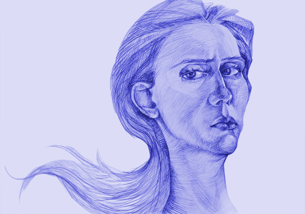 插图铅笔画肖像的女人与长发和表达焦虑的神情在蓝色图片下载
