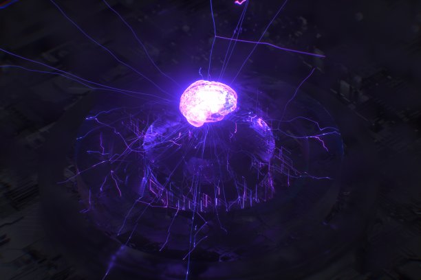 在悬挂的主板上发出紫色闪电的AI芯片图片下载