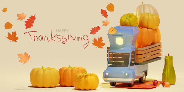 秋天用南瓜卡车。3d模板感恩节卡，横幅，海报，与铭文感恩节快乐。图片下载
