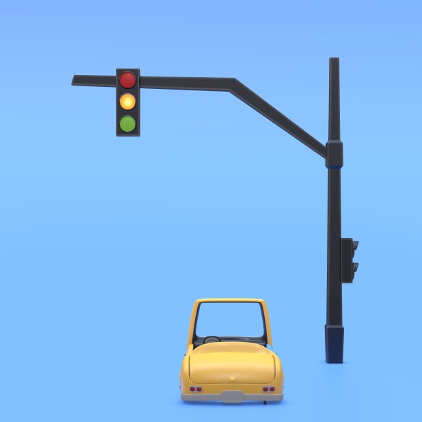 概念交通后视图。卡通黄色汽车和交通标志灯在蓝色背景，3d渲染。数字绘画。图片下载