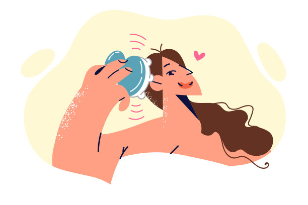 女人淋浴后使用头部按摩器来缓解颅脑压力和压力图片下载