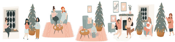 一组场景。女孩和圣诞的心情。圣诞精神。节日的小饰品。的风格图片下载