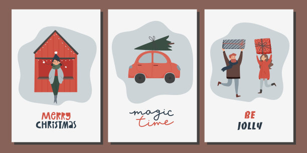 新年贺卡。一套圣诞和新年主题的明信片。快乐的人们和圣诞魔法图片下载