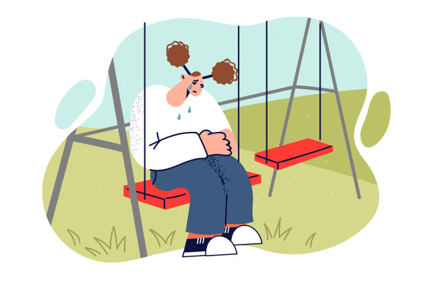 哭泣的女孩独自坐在秋千上，因为爸爸妈妈不在而悲伤图片下载