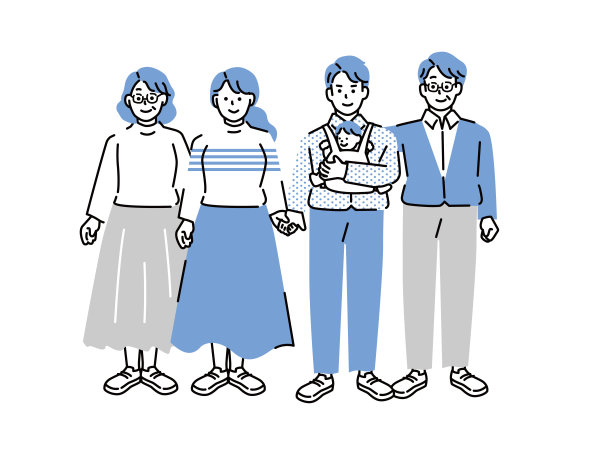 一个家庭插图。一家五口，未来，育儿，老年，贷款，储备资金，我家，第三代小学生。图片下载