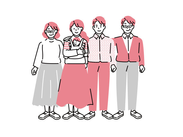 一个家庭插图。一家五口，未来，育儿，老年，贷款，储备资金，我家，第三代小学生。图片下载