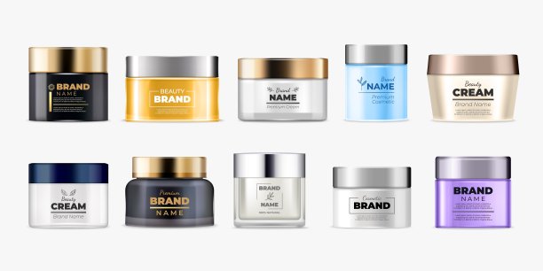 化妆品瓶。面霜瓶模型，奢华金色或银色，白色黑色和彩色不同的容器，3d包装，塑料盖，美容产品侧视图。矢量现实管隔离设置图片下载