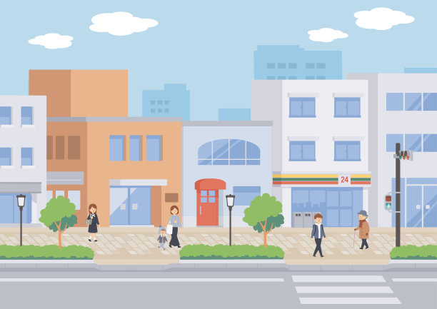 城市背景和人物的插图图片下载