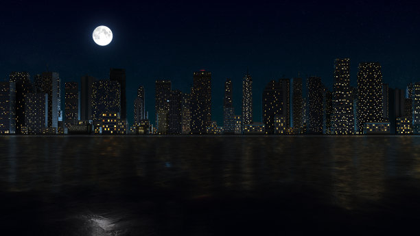 城市上空的月亮倒映在水面上图片下载