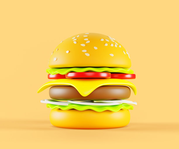 3d渲染图标汉堡或汉堡包。快餐菜单上的餐点，牛肉芝士汉堡配面包、芝麻、肉、奶酪、番茄、沙拉、洋葱孤立在背景上。卡通设计，横幅模型图片下载