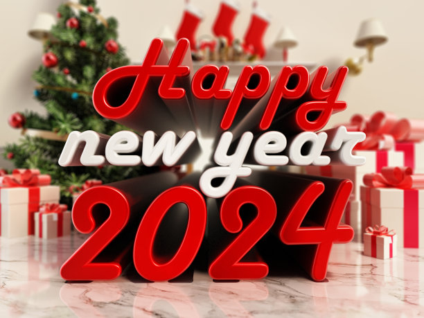 新年快乐2024文本与圣诞树和礼品盒在背景图片下载