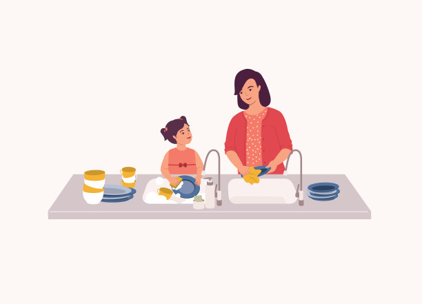 小女孩在厨房水槽帮妈妈洗碗。图片下载