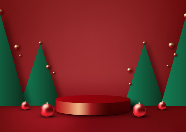 3D逼真的红色圣诞讲台上的红色背景的产品展示图片下载