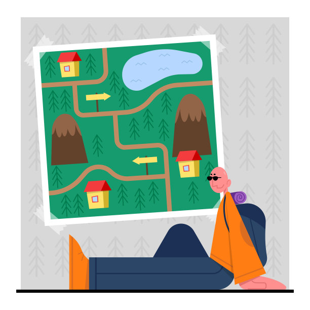 一个背着旅游背包的男人坐在森林里的大地图旁。是时候在山上徒步旅行了图片下载