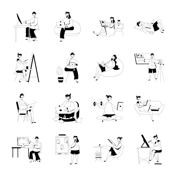 远程工作象形文字插图的高级捆绑图片下载