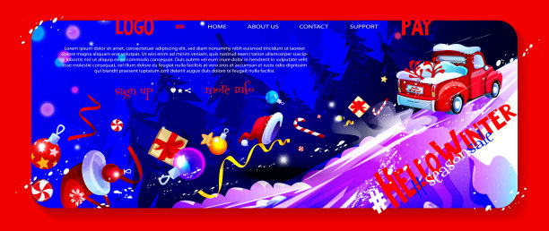 圣诞快乐!一辆载着礼物和新年玩具的圣诞老人皮卡车从后面掉下来，背景是夜晚森林的冬季景观。创意网页的卡通风格。图片下载