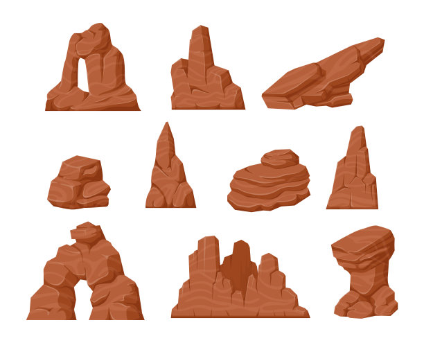 沙漠岩石卡通石峡谷弧侵蚀自然巨石不同形状设置等距矢量图片下载